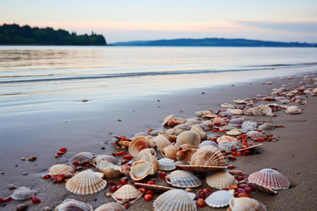 Glistening Shell on sea sunny beach. Nature summer. Generate Aiの素材