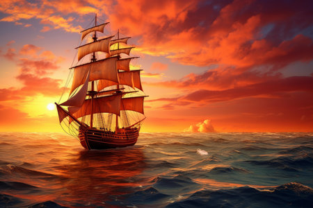 Vast Ship sails ocean sunset. Nature sun sky travel nature. Generate Aiの素材