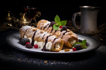 Creamy Sicilian cannoli dessert. Snack fruit tasty sweet sugar. Generate Aiの素材