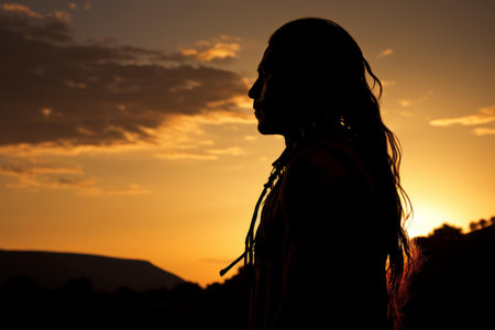 Mysterious Silhouette Navajo man. Silhouette exploring carless sand dunes. Generate AIの素材