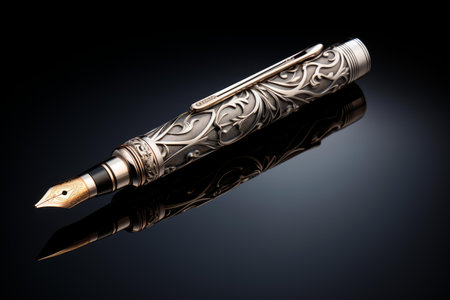 Elegant Silver fountain pen. Nib signature. Generate Aiの素材
