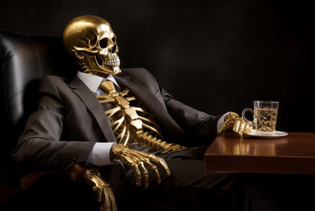 Mysterious Skeleton gold suit dark. Scary dead. Generate Aiの素材