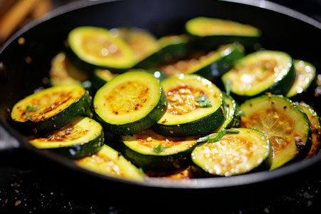 Fresh Sliced zucchini in pan on table. Summer food cuisine dinner slice. Generate Aiの素材