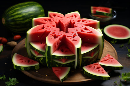 Refreshing Watermelon slices on table. Fruit food nature. Generate Aiの素材