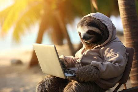 Laid-back Sloth freelancer beach. Working mammal. Generate Aiの素材