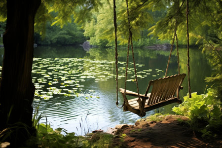 Tranquil Small pond swings. Lake day. Generate Aiの素材