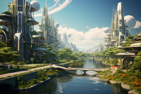 Innovative Smart eco city living. Eco smart architecture facade forest. Generate Aiの素材