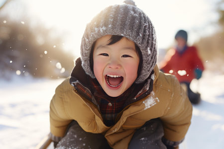 Joyful Smiling kid sledding snow outdoor nature. Happy face person with snow fun. Generate Aiの素材
