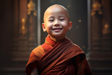 Cheerful Little asian smiling monk. Wood teacher. Generate Aiの素材