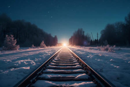 Breathtaking Scenic morning light view of snowy train railway. Frozen winter forest and white train tracks. Generate aiの素材