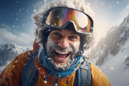 Cheerful Snowboarder man smiling. Winter sport resort. Generate Aiの素材
