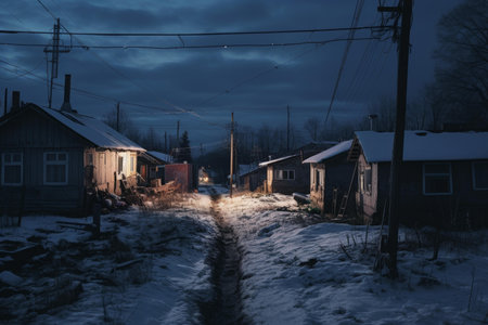 Picturesque Snowy russian village street. Chalet cabin. Generate AIの素材