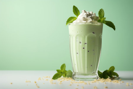 Inviting Mint leaves on milkshake glasses. Sweet dairy party dessert. Generate Aiの素材