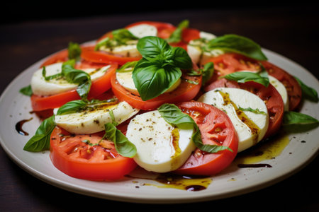 Creamy Mozzarella tomatoes basil. Food salad. Generate Aiの素材