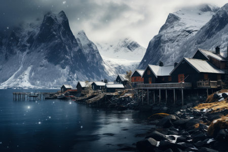 Idyllic Nordic village view snow. Scenery mountain. Generate Aiの素材