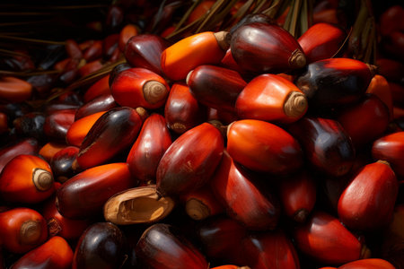 Textured Oil palm seeds kernel background. Tropical agricultural business heap raw. Generate Aiの素材