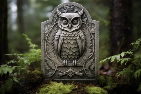 Nocturnal Owl on cemetery gravestone in darkness. Nightlife bird hunter beast in graveyard. Generate aiの素材