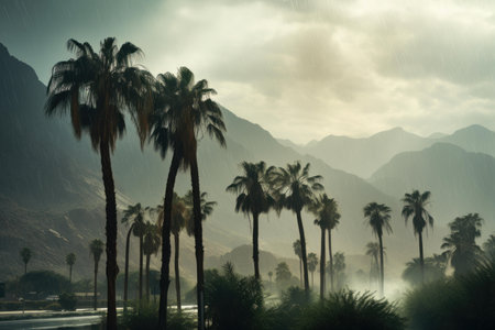 Serene Tropical palm on mountain in rainy weather. Exotic natural tree on dark rain clouds view. Generate aiの素材