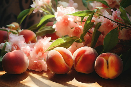 Aromatic Peaches bunch fruit. Fresh tree food. Generate Aiの素材
