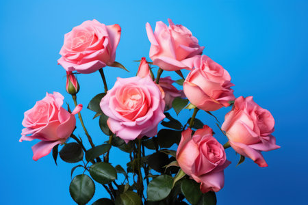 Soothing Pink roses blue background bush. Life flower. Generate Aiの素材