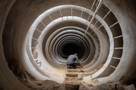 Underground Pipes installing concrete tunnel. Sewer tubes drain canal waste. Generate Aiの素材