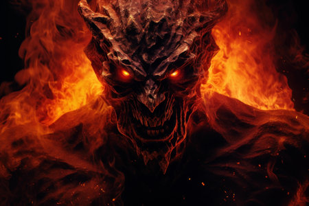 Blazing Satan devil fire face. Inferno animal. Generate Aiの素材