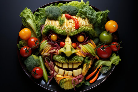 Unusual Plate vegetables face. Cute meal. Generate Aiの素材