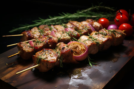 Succulent Pork skewers raw. Cooking onion beef. Generate Aiの素材