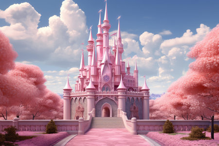 Whimsical Pink princess castle tower. Story tale. Generate Aiの素材