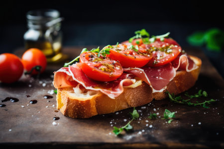 Nutritious Prosciutto tomato toast. Food jamon. Generate Aiの素材