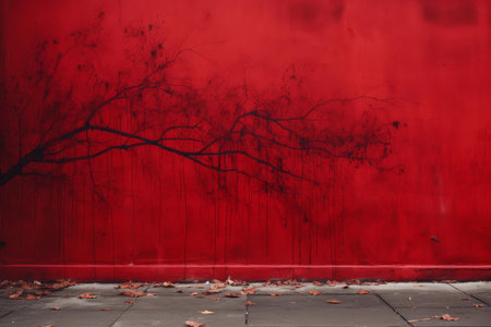 Textured Red cracked spooky wall with wooden floor. Dark horror scary dirty art. Generate Aiの素材