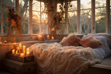 Artistic Romantic bedroom boho style design. Modern sleeping room with warm rosy tones. Generate aiの素材