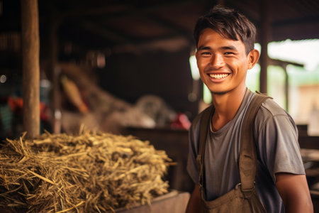 Vibrant Smiling young farmer. Soil rural work. Generate aiの素材