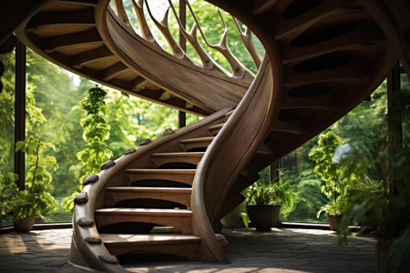 Stairs wooden living room eco. Window plant. Generate Aiの素材