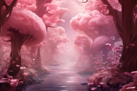 Serene Pink forest. Magic nature woods. Generate Aiの素材