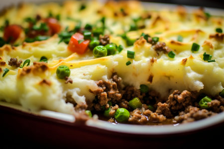 Crumbly Stepherds pie closeup. Baked meal lamb cuisine plate. Generate Aiの素材