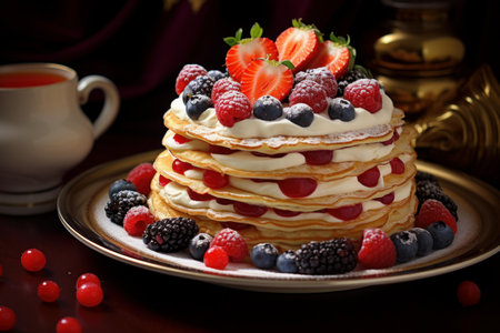 Delectable Pancakes cream fruits chocolate. Recipe syrup. Generate Aiの素材