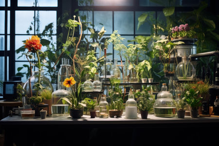Sterile Laboratory biology plants. Green lab herbal. Generate Aiの素材