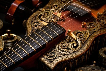 Close-up of a vintage baroque lute, a classical musical instrument with ornate craftsmanship and intricate wood carving, showcasing the elegant and decorative artistry of the historical eraの素材