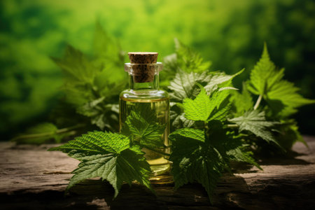 Serene setting featuring a glass bottle of essential oil among fresh green nettle leaves on a rustic wooden surfaceの素材