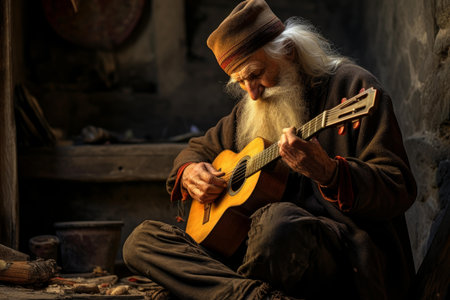 Serene portrait of an old man deeply immersed in playing his guitar inside a dimly-lit, rustic roomの素材