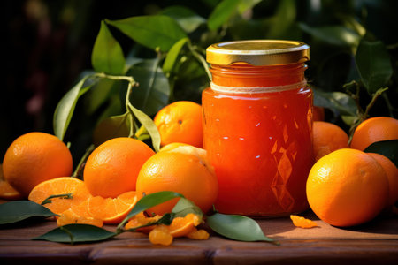 Jar of homemade orange marmalade surrounded by fresh oranges and leavesの素材