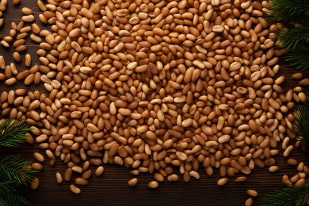 Top view of scattered pine nuts with pine leaves on a rustic wood surfaceの素材