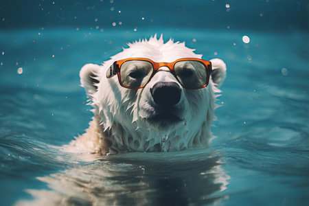 A white dog wearing orange sunglasses enjoys a swim in clear blue waterの素材