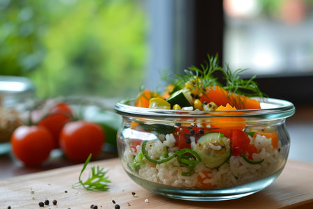 Delicate Rice vegetables glass. Cook salad ham. Generate Aiの素材