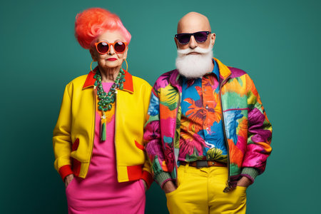 Elderly duo in stylish, colorful outfits posing confidently against a teal backgroundの素材