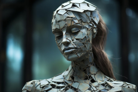 Ravaged Shattered statue woman. Crumbling and breaking female silhouette. Generate aiの素材