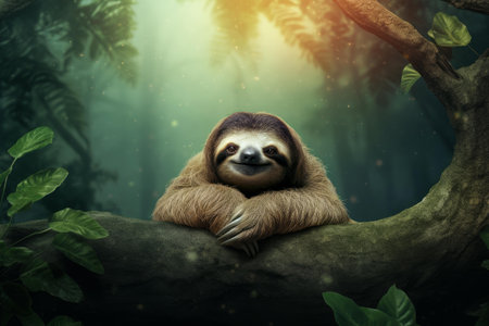 Fluffy Sloth animal funny. Face wild smile. Generate Aiの素材