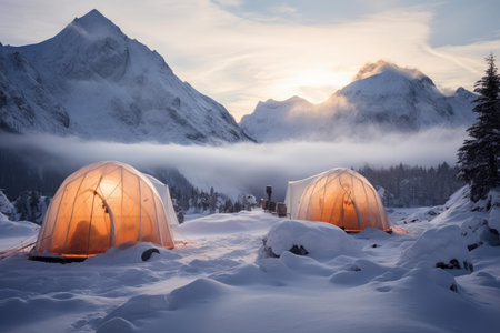 Rugged Snow camp tent mountains. Nature travel. Generate Aiの素材