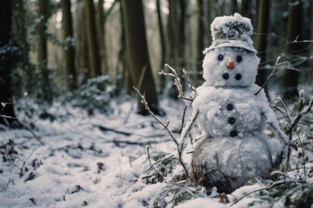 Untouched Snowman winter nature forest. Fun scene. Generate Aiの素材